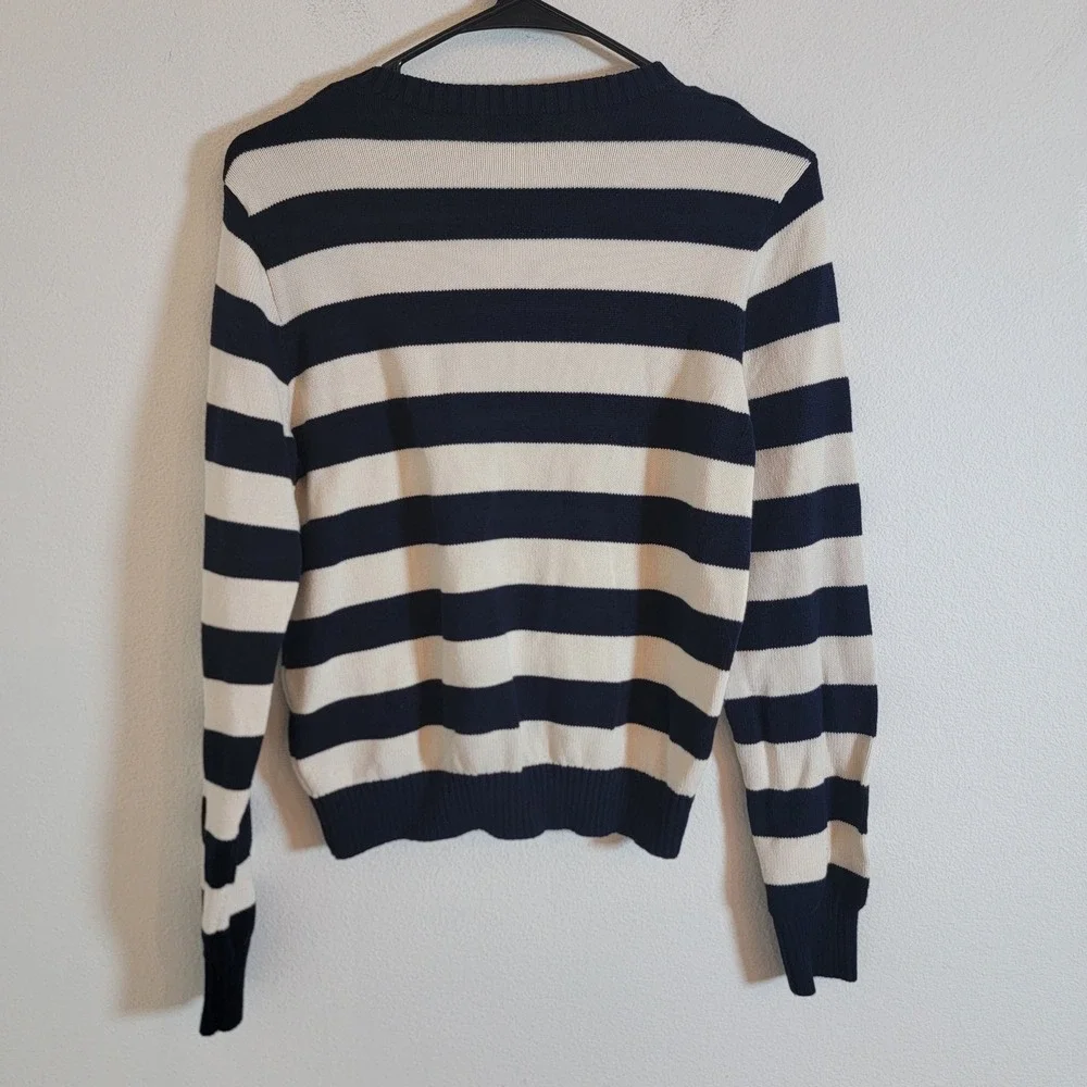 John Galt Stripe Amalie Button Front Cardigan Cotton Nautical Navy Blue Cream OS